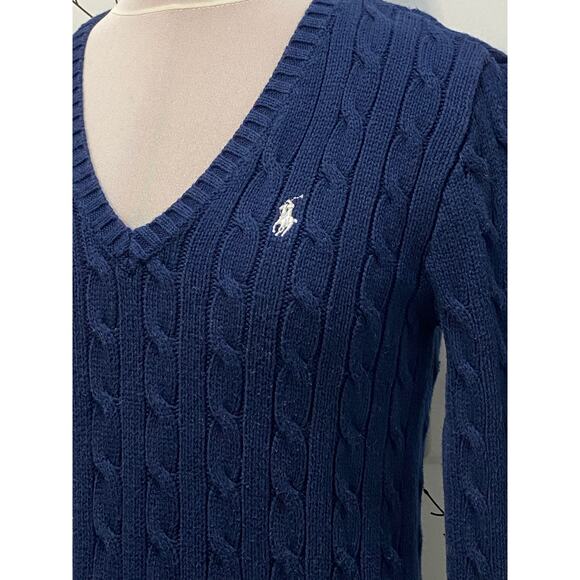 POLO RALPH LAUREN Navy Cable Knit V-neck Vneck Sweater SMALL Preppy Academia EXC - Picture 3 of 6